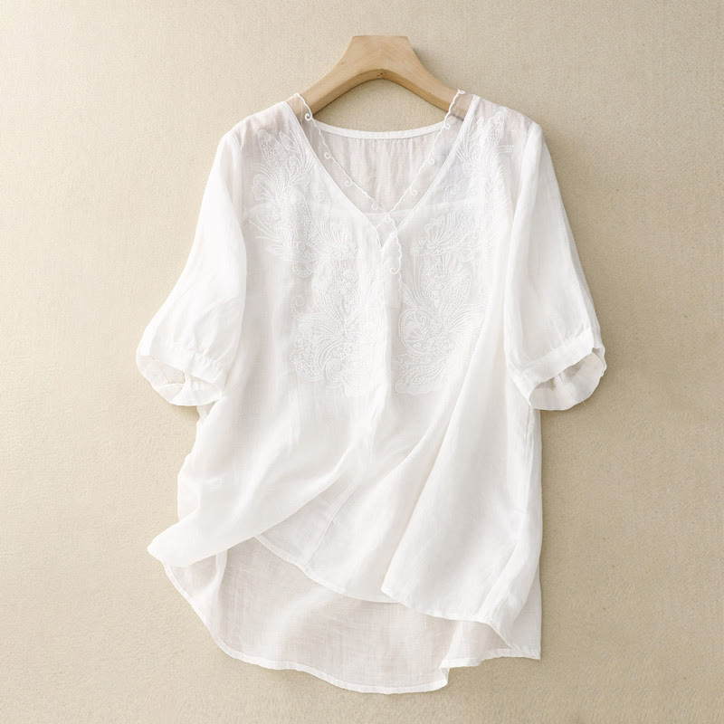 Buddha Stones V-Neck Butterfly Women's Cotton Linen Half Sleeve Shirt
