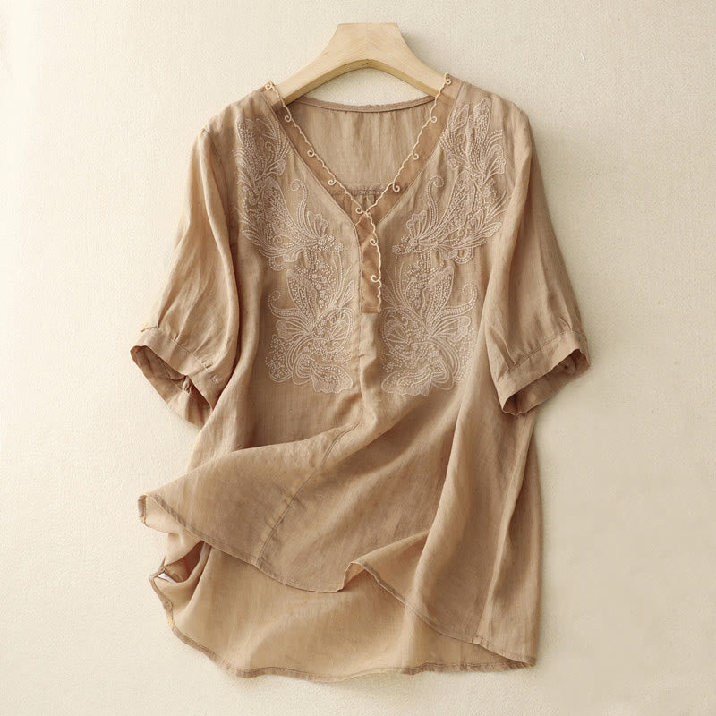 Buddha Stones V-Neck Butterfly Women's Cotton Linen Half Sleeve Shirt
