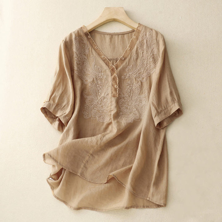 Buddha Stones V-Neck Butterfly Women's Cotton Linen Half Sleeve Shirt - BurlyWood - US14，UK/AU18，EU46 (2XL) - image 6
