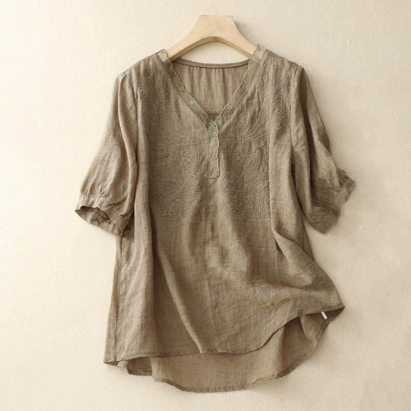 Buddha Stones V-Neck Butterfly Women's Cotton Linen Half Sleeve Shirt - Tan - US14，UK/AU18，EU46 (2XL) - image 16