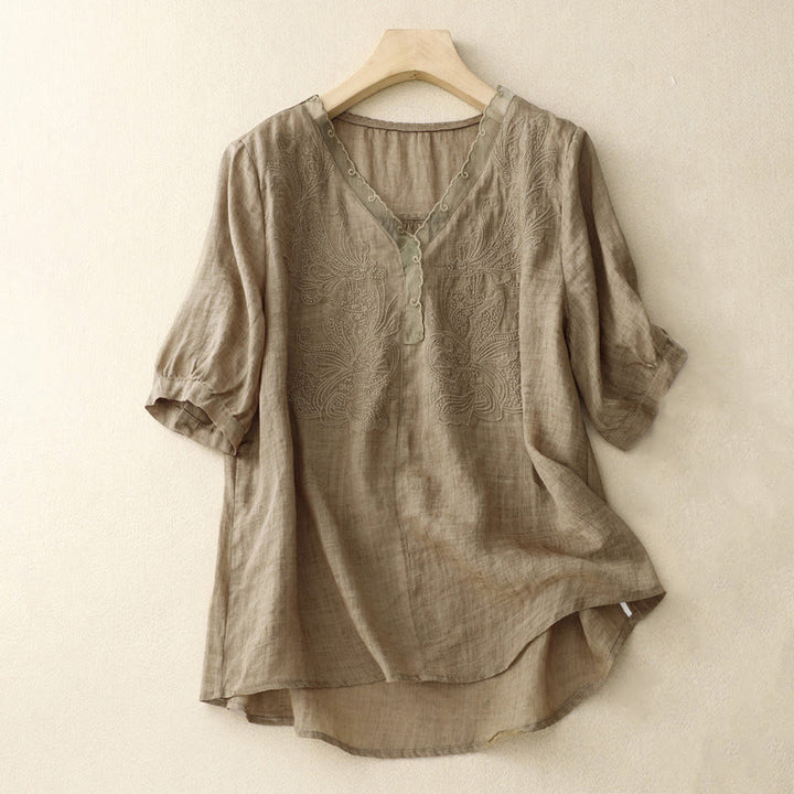 Buddha Stones V-Neck Butterfly Women's Cotton Linen Half Sleeve Shirt