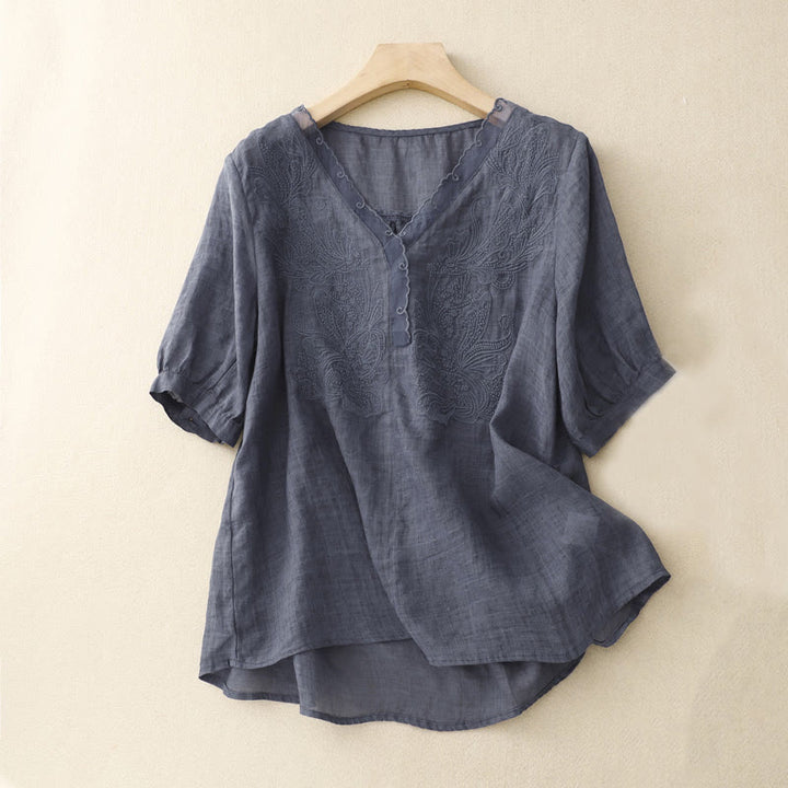 Buddha Stones V-Neck Butterfly Women's Cotton Linen Half Sleeve Shirt