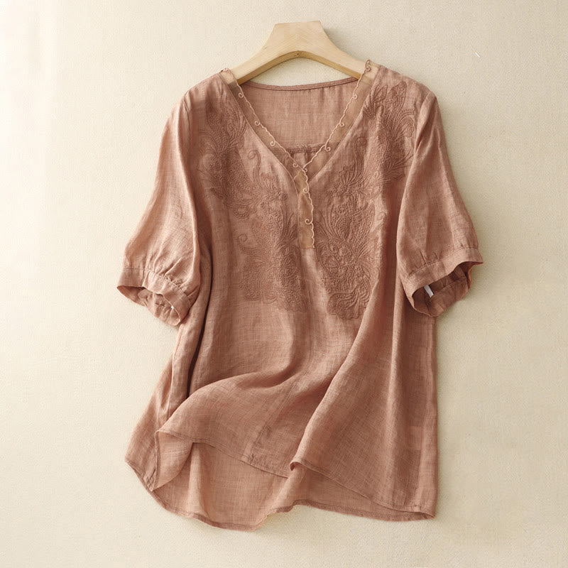 Buddha Stones V-Neck Butterfly Women's Cotton Linen Half Sleeve Shirt - SandyBrown - US14，UK/AU18，EU46 (2XL) - image 1