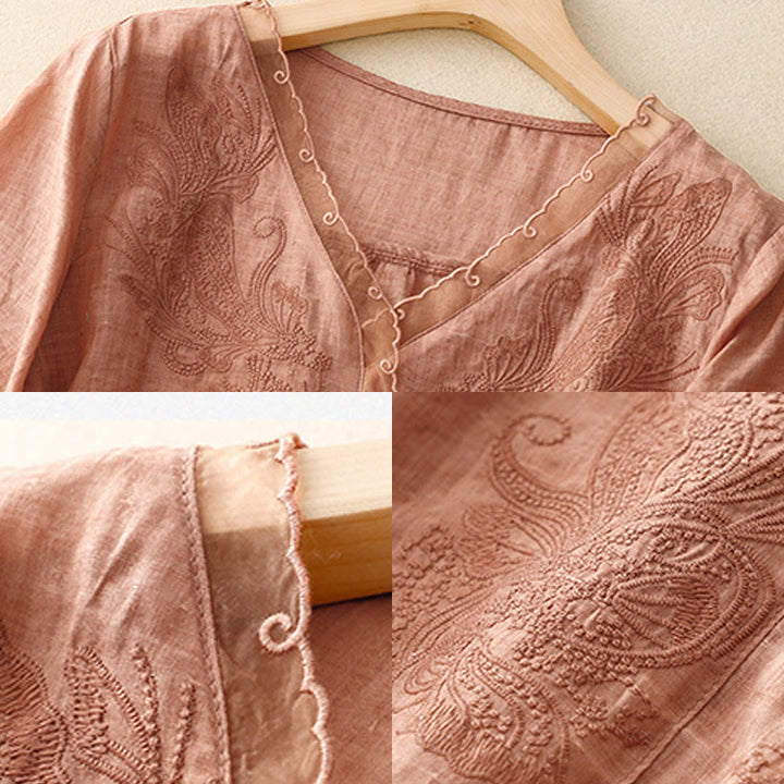 Buddha Stones V-Neck Butterfly Women's Cotton Linen Half Sleeve Shirt