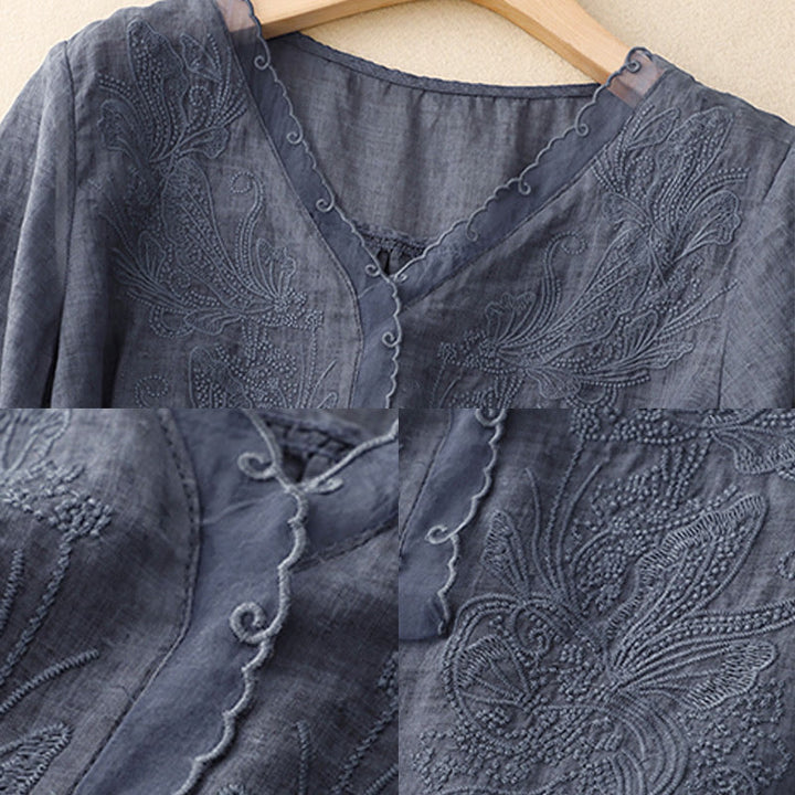 Buddha Stones V-Neck Butterfly Women's Cotton Linen Half Sleeve Shirt