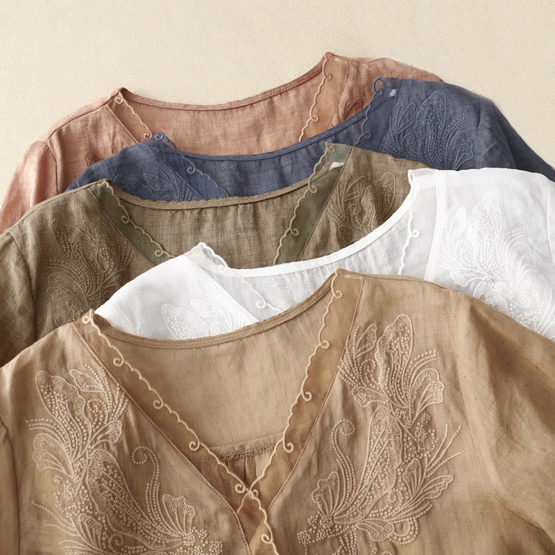 Buddha Stones V-Neck Butterfly Women's Cotton Linen Half Sleeve Shirt - image 10