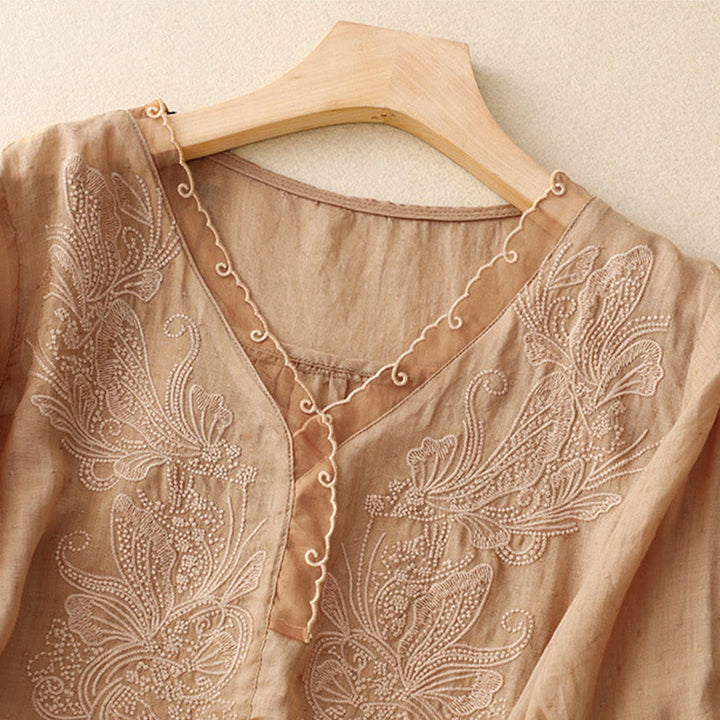 Buddha Stones V-Neck Butterfly Women's Cotton Linen Half Sleeve Shirt