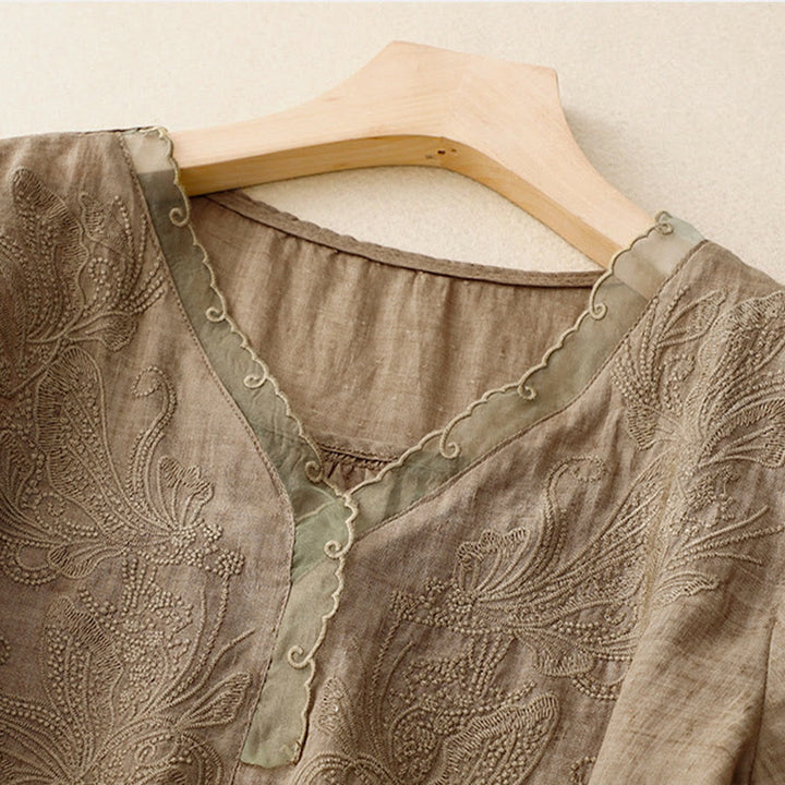 Buddha Stones V-Neck Butterfly Women's Cotton Linen Half Sleeve Shirt - image 17