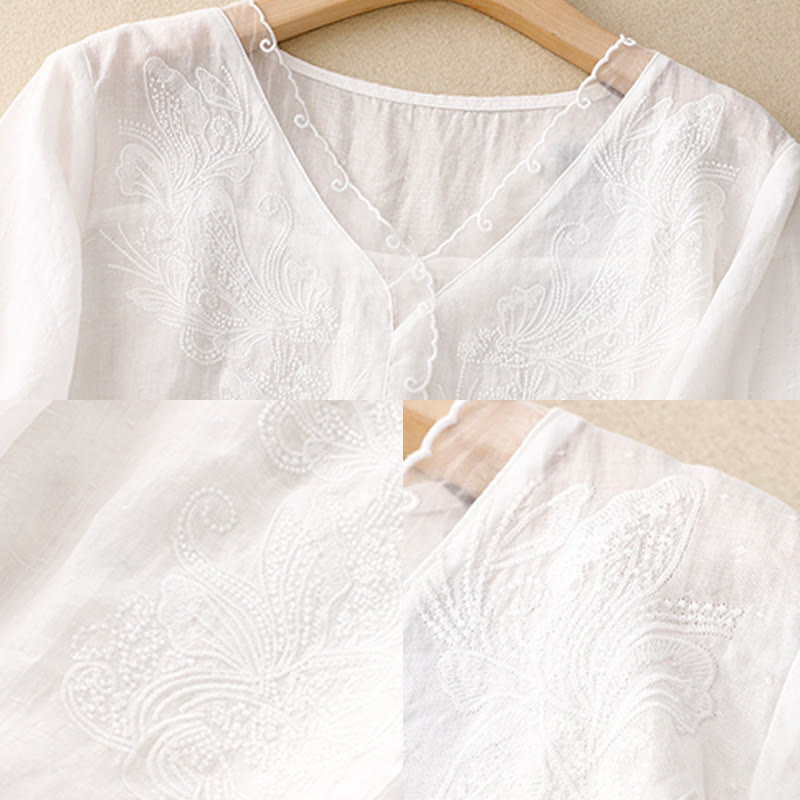 Buddha Stones V-Neck Butterfly Women's Cotton Linen Half Sleeve Shirt - image 12