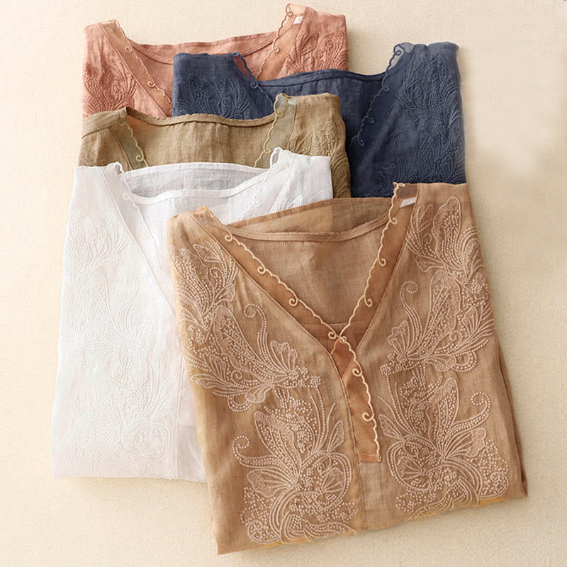 Buddha Stones V-Neck Butterfly Women's Cotton Linen Half Sleeve Shirt - image 2