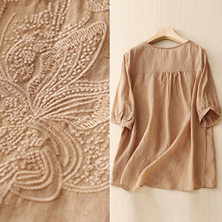 Buddha Stones V-Neck Butterfly Women's Cotton Linen Half Sleeve Shirt - image 9
