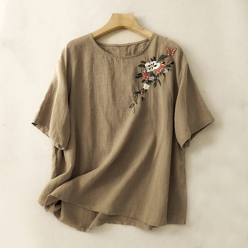 Buddha Stones Casual Summer Embroidered Crew Neck Women's  Cotton Short Sleeve T-shirt - DarkGoldenrod - US14，UK/AU18，EU46 (2XL) - image 0