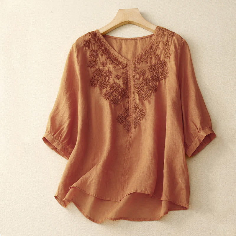 Buddha Stones V-Neck Lines Embroidery Women's Cotton Linen Half Sleeve Shirt - SandyBrown - US12，UK/AU16，EU44 (2XL) - image 7