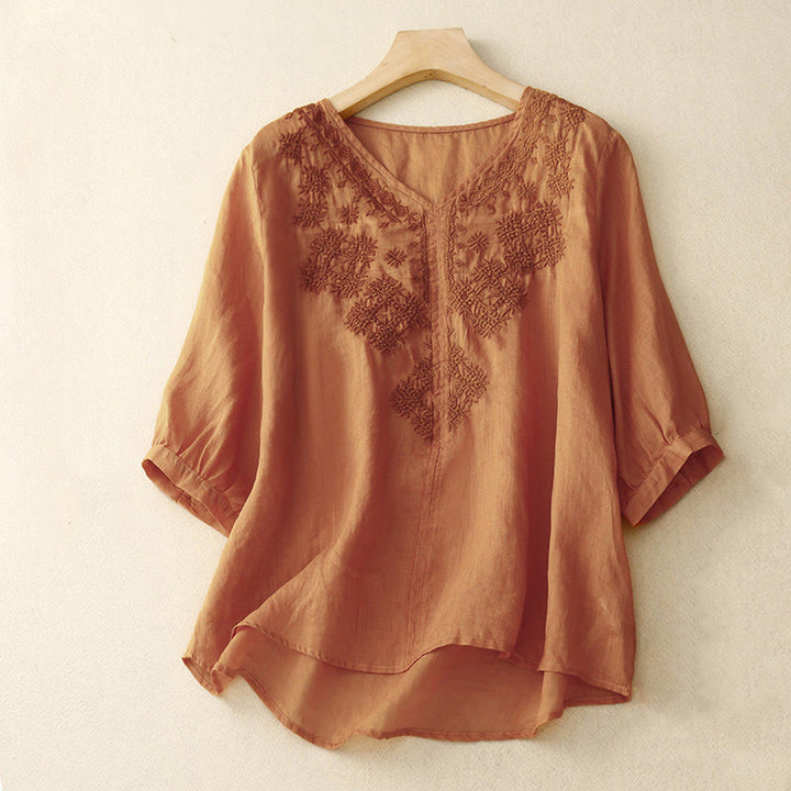 Buddha Stones V-Neck Lines Embroidery Women's Cotton Linen Half Sleeve Shirt - SandyBrown - US12，UK/AU16，EU44 (2XL) - image 7