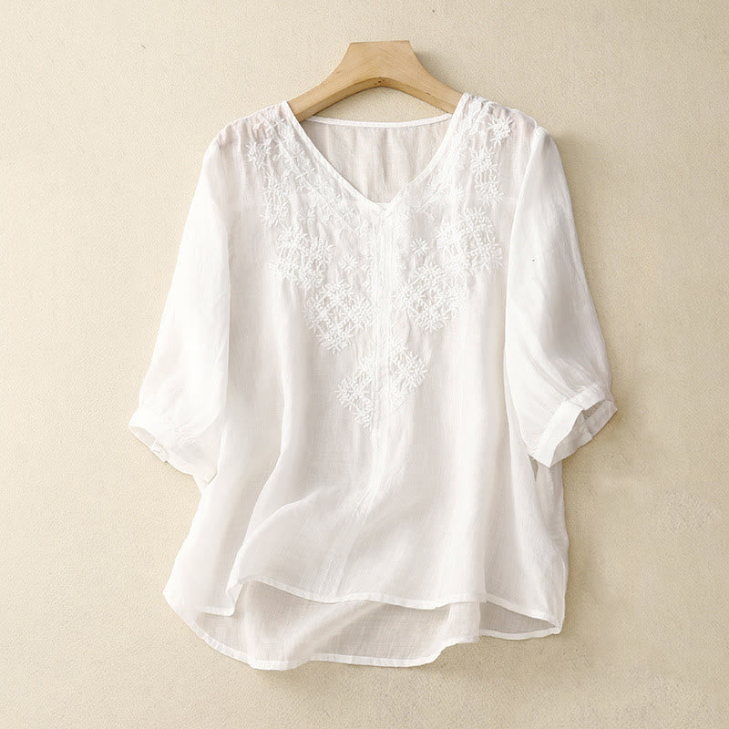 Buddha Stones V-Neck Lines Embroidery Women's Cotton Linen Half Sleeve Shirt - White - US12，UK/AU16，EU44 (2XL) - image 18