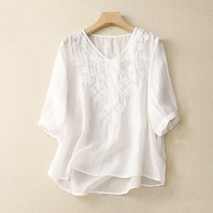 Buddha Stones V-Neck Lines Embroidery Women's Cotton Linen Half Sleeve Shirt - White - US12，UK/AU16，EU44 (2XL) - image 18