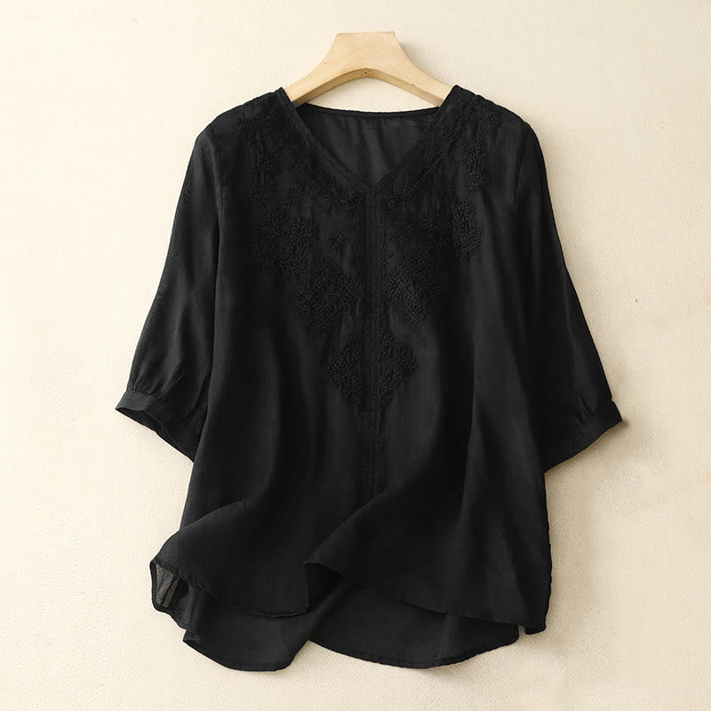 Buddha Stones V-Neck Lines Embroidery Women's Cotton Linen Half Sleeve Shirt - Black - US12，UK/AU16，EU44 (2XL) - image 14