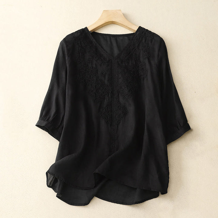 Buddha Stones V-Neck Lines Embroidery Women's Cotton Linen Half Sleeve Shirt - Black - US12，UK/AU16，EU44 (2XL) - image 14