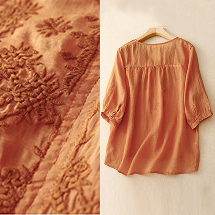 Buddha Stones V-Neck Lines Embroidery Women's Cotton Linen Half Sleeve Shirt - image 12
