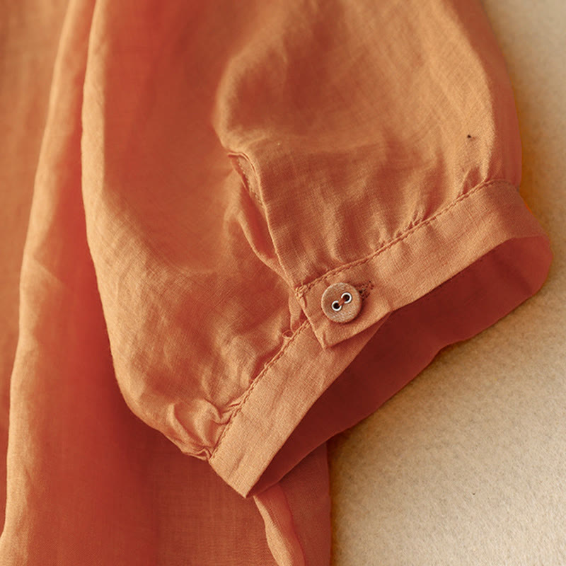 Buddha Stones V-Neck Lines Embroidery Women's Cotton Linen Half Sleeve Shirt - image 10