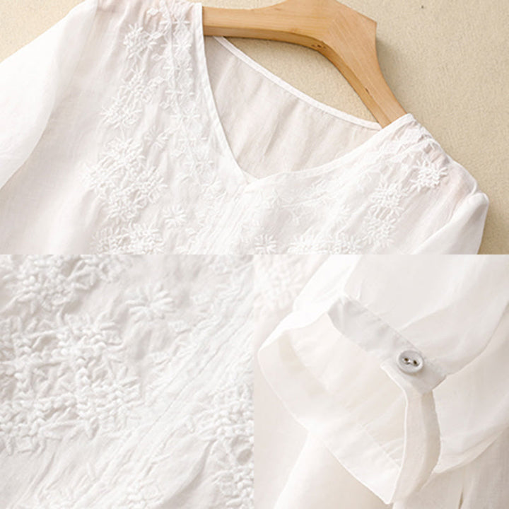 Buddha Stones V-Neck Lines Embroidery Women's Cotton Linen Half Sleeve Shirt - image 19