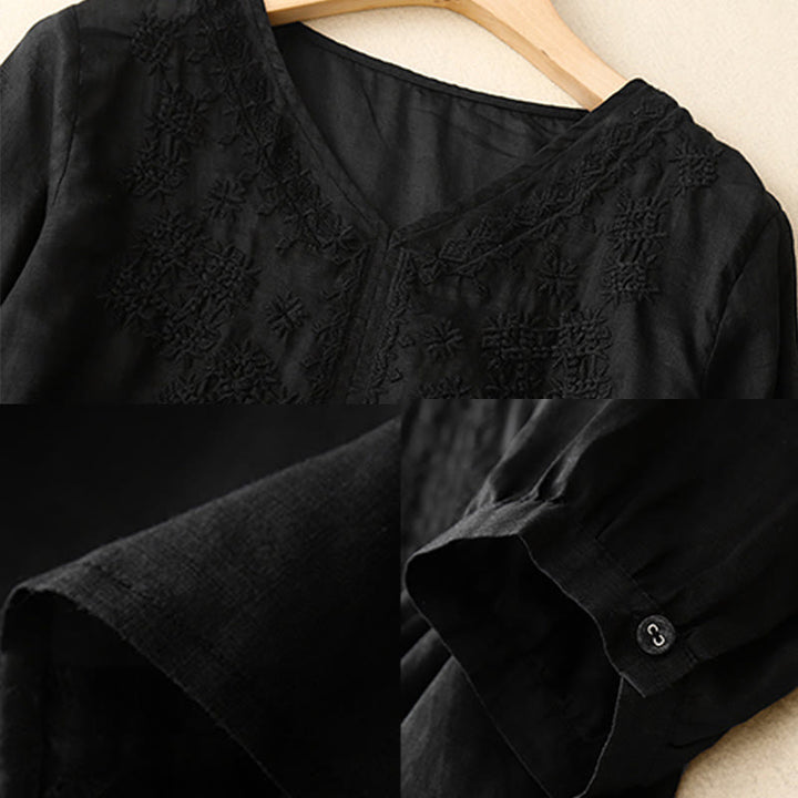 Buddha Stones V-Neck Lines Embroidery Women's Cotton Linen Half Sleeve Shirt - image 15