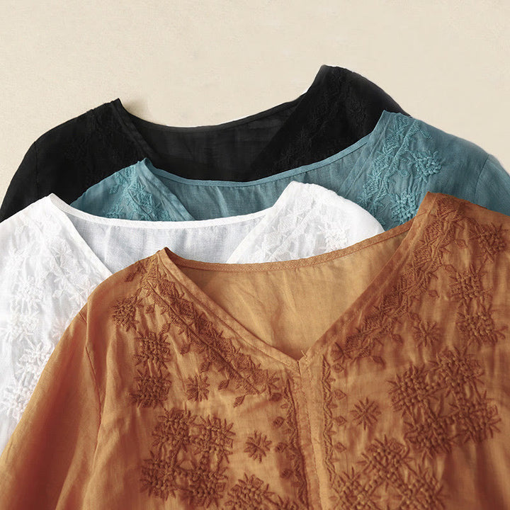 Buddha Stones V-Neck Lines Embroidery Women's Cotton Linen Half Sleeve Shirt - image 13