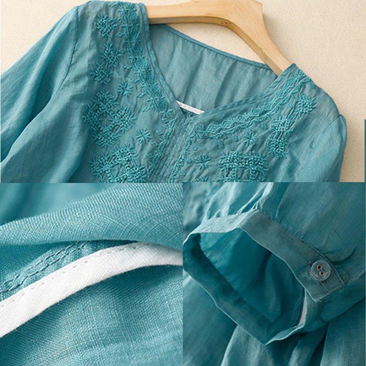 Buddha Stones V-Neck Lines Embroidery Women's Cotton Linen Half Sleeve Shirt - image 6