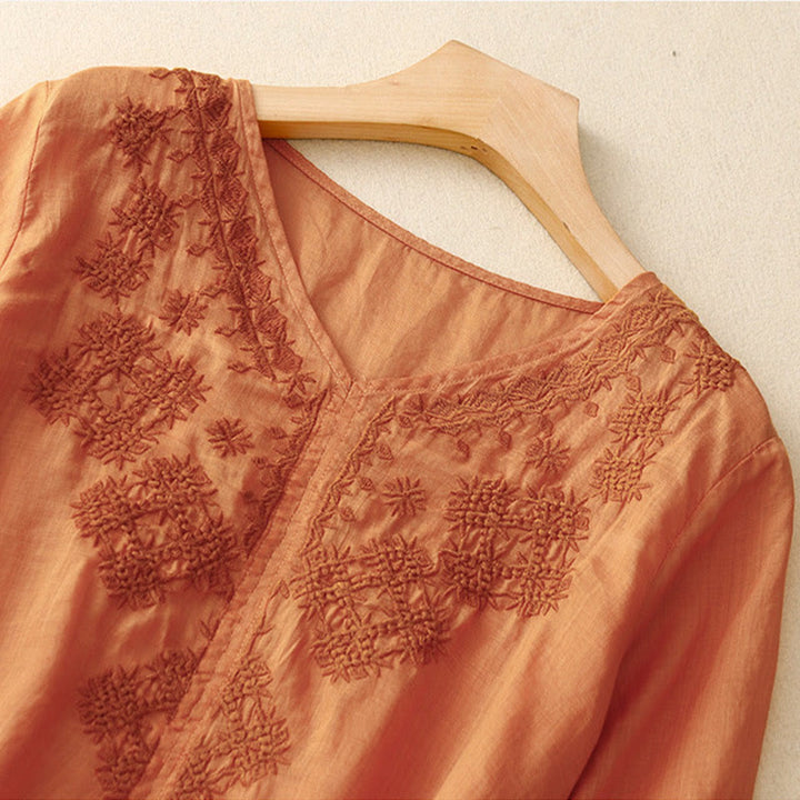 Buddha Stones V-Neck Lines Embroidery Women's Cotton Linen Half Sleeve Shirt - image 8