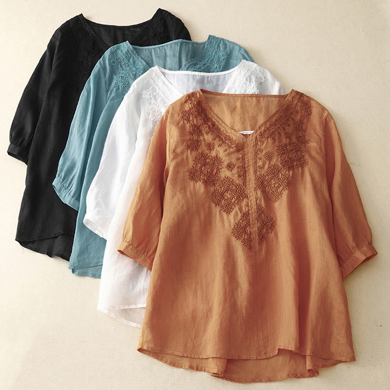 Buddha Stones V-Neck Lines Embroidery Women's Cotton Linen Half Sleeve Shirt - image 2