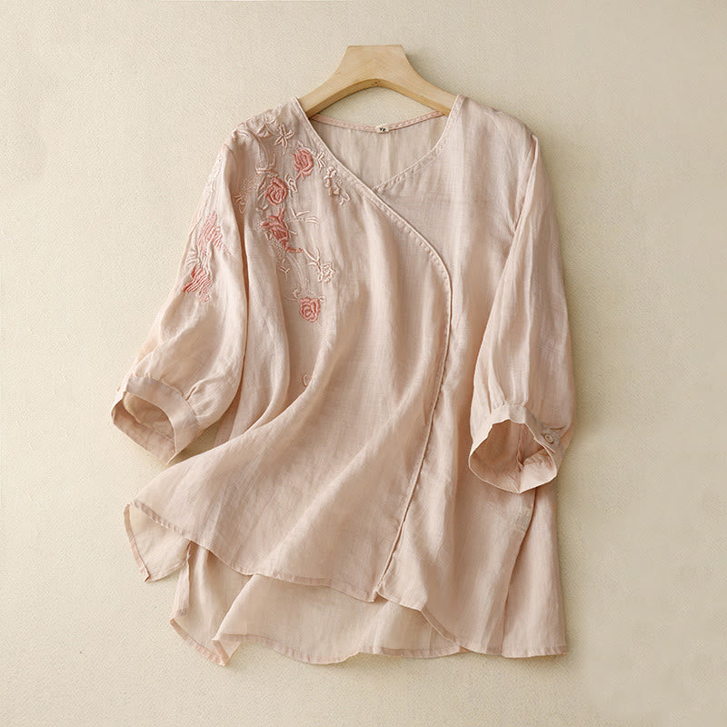 Buddha Stones Rose Vine Embroidery Design Women's Cotton Linen Three Quarter Sleeve Shirt - LavenderBlush - US12，UK/AU16，EU44 (2XL) - image 0