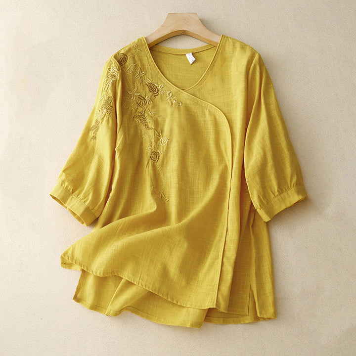 Buddha Stones Rose Vine Embroidery Design Women's Cotton Linen Three Quarter Sleeve Shirt - Yellow - US12，UK/AU16，EU44 (2XL) - image 11