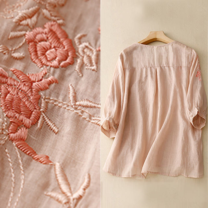 Buddha Stones Rose Vine Embroidery Design Women's Cotton Linen Three Quarter Sleeve Shirt - image 6