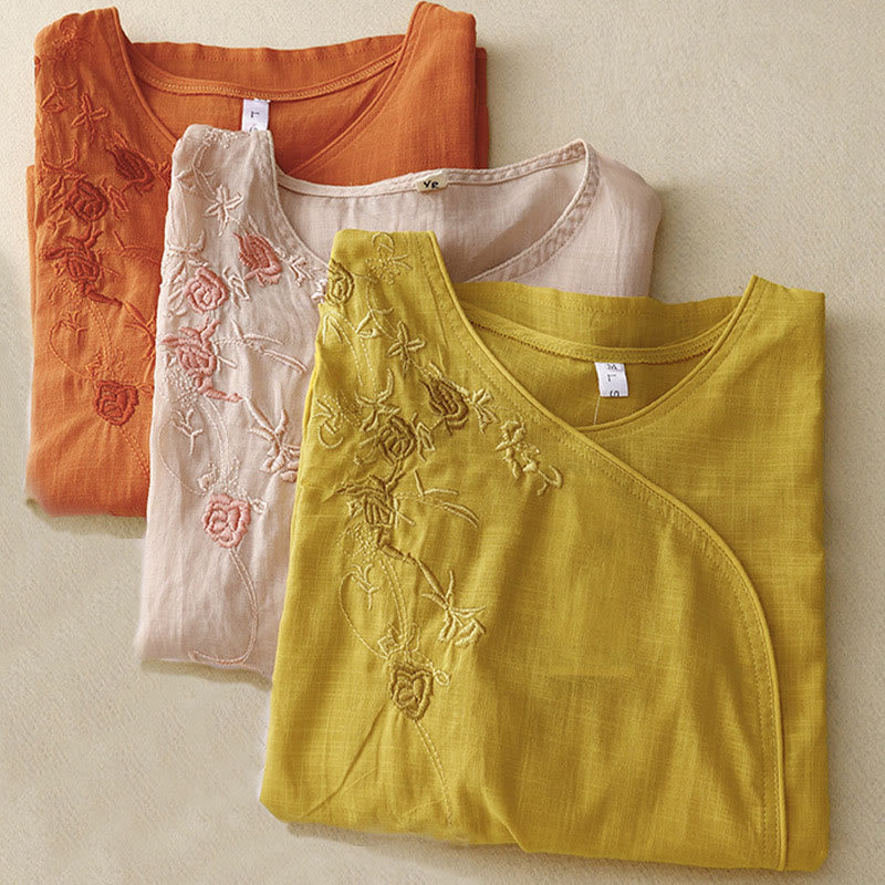 Buddha Stones Rose Vine Embroidery Design Women's Cotton Linen Three Quarter Sleeve Shirt - image 12