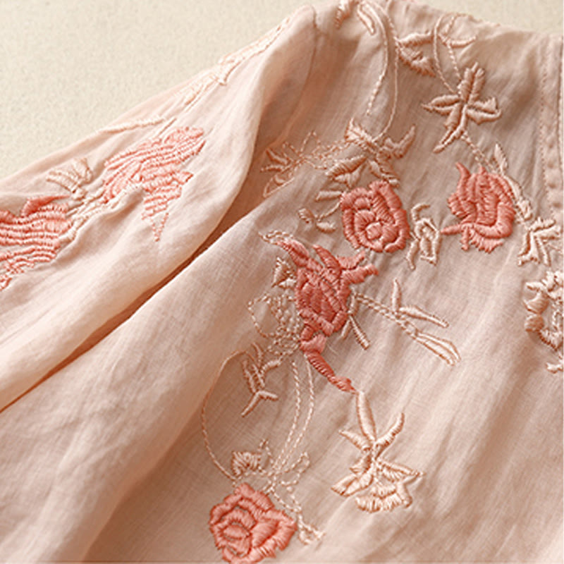 Buddha Stones Rose Vine Embroidery Design Women's Cotton Linen Three Quarter Sleeve Shirt - image 3