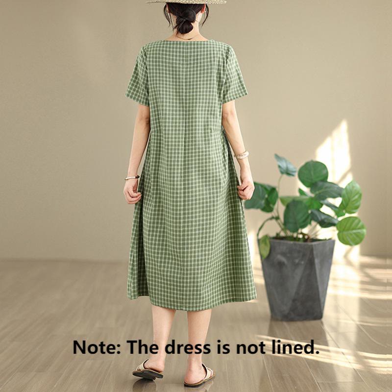 Buddha Stones Retro Solid Color Plaid Pattern Crew Neck Short Sleeve Cotton Linen Midi Dress With Pockets - image 11