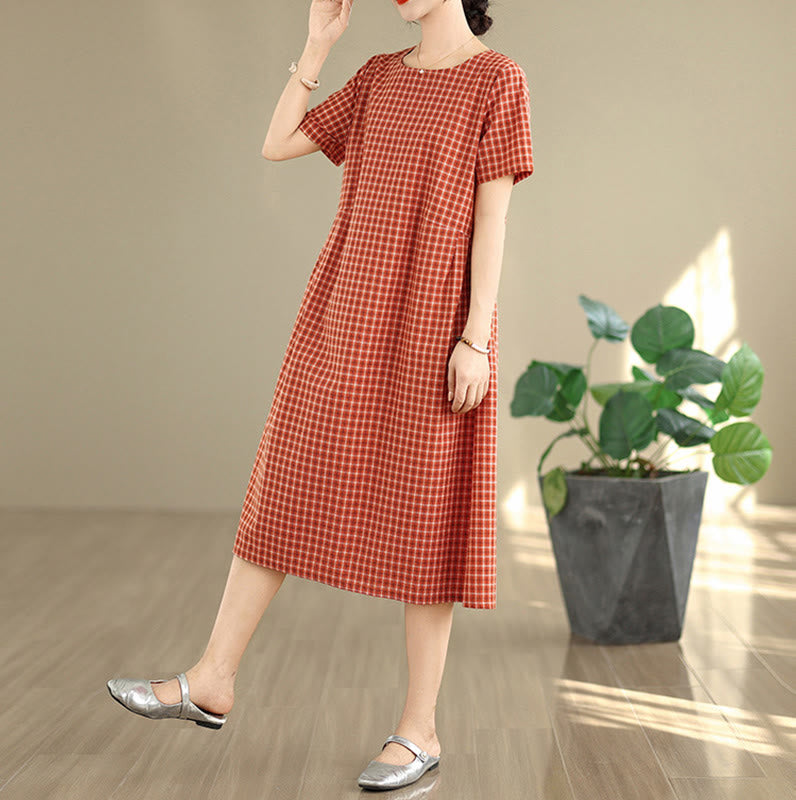 Buddha Stones Retro Solid Color Plaid Pattern Crew Neck Short Sleeve Cotton Linen Midi Dress With Pockets - image 2