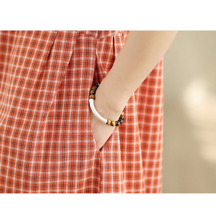 Buddha Stones Retro Solid Color Plaid Pattern Crew Neck Short Sleeve Cotton Linen Midi Dress With Pockets - image 8