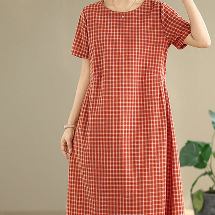 Buddha Stones Retro Solid Color Plaid Pattern Crew Neck Short Sleeve Cotton Linen Midi Dress With Pockets - image 4