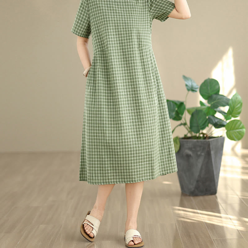 Buddha Stones Retro Solid Color Plaid Pattern Crew Neck Short Sleeve Cotton Linen Midi Dress With Pockets - image 15