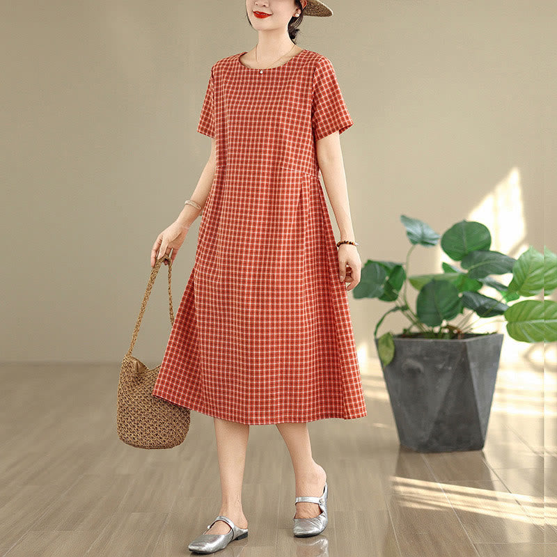 Buddha Stones Retro Solid Color Plaid Pattern Crew Neck Short Sleeve Cotton Linen Midi Dress With Pockets - image 3
