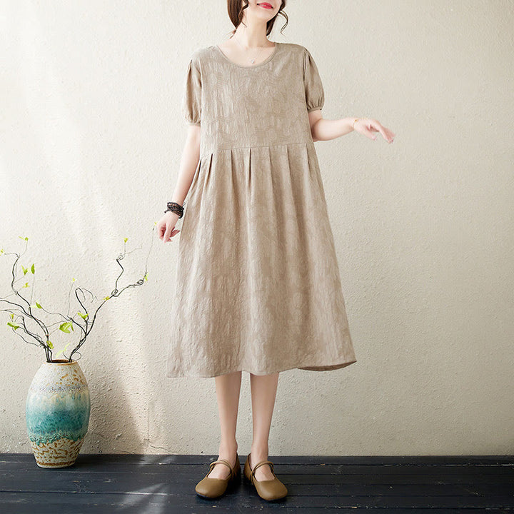 Buddha Stones Casual Solid Color Jacquard Crew Neck Short Puff Sleeve Cotton Linen Midi Dress - DarkKhaki - US8-10，UK/AU12-14，EU40-42 (2XL) - image 11