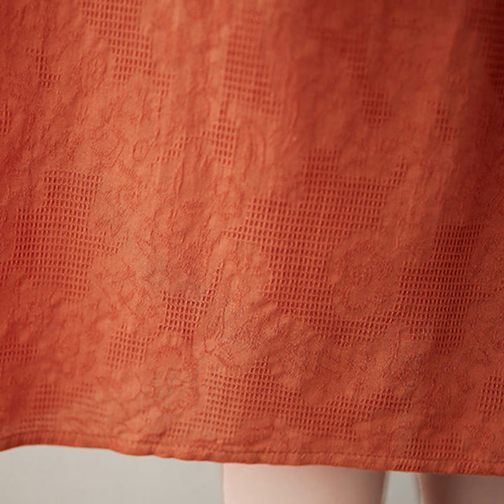 Buddha Stones Casual Solid Color Jacquard Crew Neck Short Puff Sleeve Cotton Linen Midi Dress - image 8