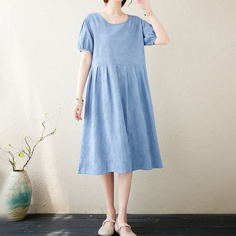 Buddha Stones Casual Solid Color Jacquard Crew Neck Short Puff Sleeve Cotton Linen Midi Dress - image 21