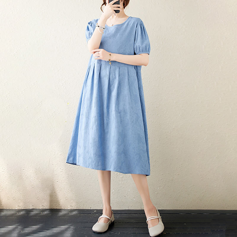 Buddha Stones Casual Solid Color Jacquard Crew Neck Short Puff Sleeve Cotton Linen Midi Dress - image 20