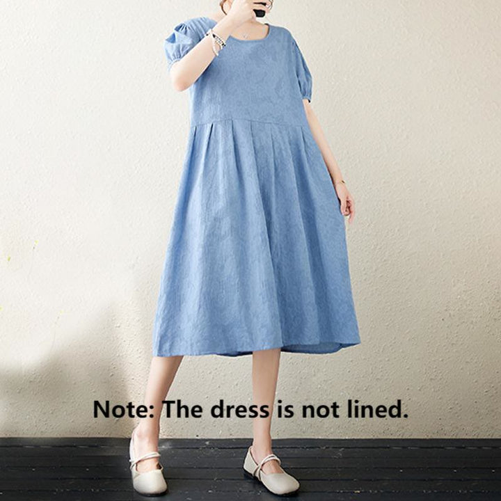 Buddha Stones Casual Solid Color Jacquard Crew Neck Short Puff Sleeve Cotton Linen Midi Dress - image 18