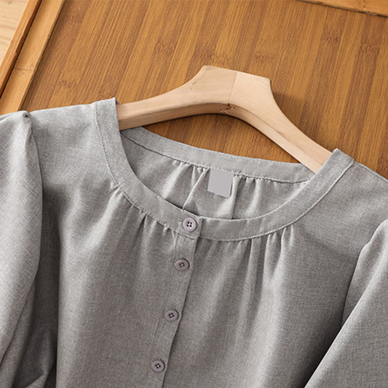 Buddha Stones Plain Button Crew Neck Design Women's Cotton Linen Three Quarter Sleeve Shirt - image 6