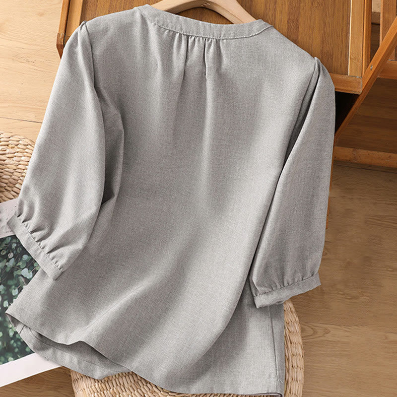 Buddha Stones Plain Button Crew Neck Design Women's Cotton Linen Three Quarter Sleeve Shirt - image 4