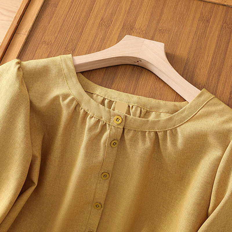 Buddha Stones Plain Button Crew Neck Design Women's Cotton Linen Three Quarter Sleeve Shirt - image 10