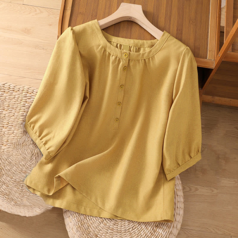 Buddha Stones Plain Button Crew Neck Design Women's Cotton Linen Three Quarter Sleeve Shirt - Khaki - US14，UK/AU18，EU46 (2XL) - image 7